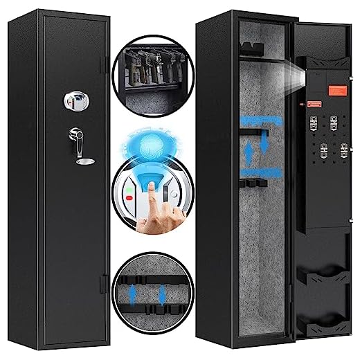 KAER Biometric Fingerprint Rifle Gun Safe & Cabinets,Quick access security gun cabinet for 3-5 home rifles,Built-in Pistol Pocket and Removable Storage Plate.