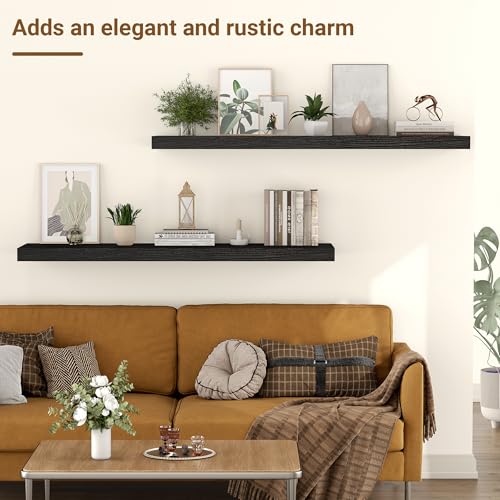 Image of 36 Inch Floating Shelves, 12 Inch Deep Floating Shelves for Wall, Extra Deeper & Thicker Wooden Wall Shelf with Invisible Brackets, Shelf for Bedroom Home Decor(Black, Set of 2)