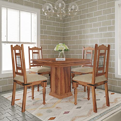 Image of Loonart Solid Sheesham Wood 4-Seater Dining Table Set with Pillar Base |Handcrafted Wooden Dining Furniture with Honey Teak Finish |Compact Dining Set for Home| Kitchen Or Apartment Use|