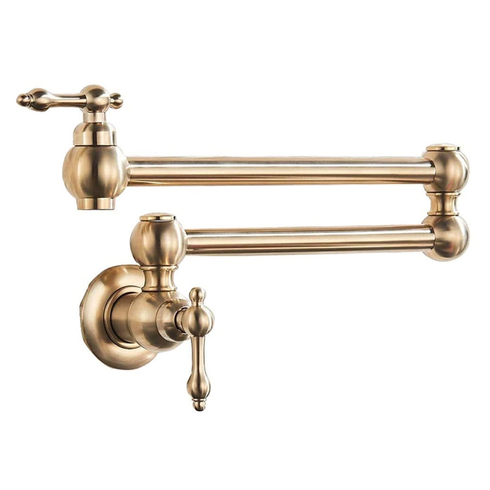 Pote de latón y grifo de pared dorado para llenar ollas grandes sobre los fogones