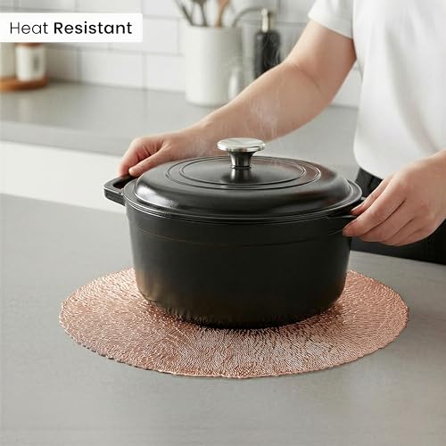 Image of Yellow Weaves 2 Pcs PVC Circle Weave Design Table Placemat, Dining Table Mat, Anti-Skid, Washable, Dining, Kitchen, Restaurant Table Set Easy to Clean, Durable (Rose Gold)