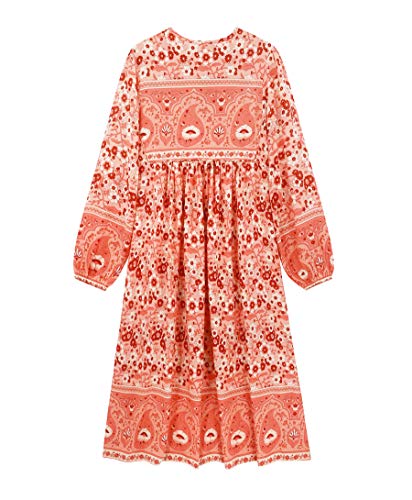 R.Vivimos Women's Long Sleeve Floral Print Retro V Neck Tassel Bohemian Midi Dresses (Small, Coral)