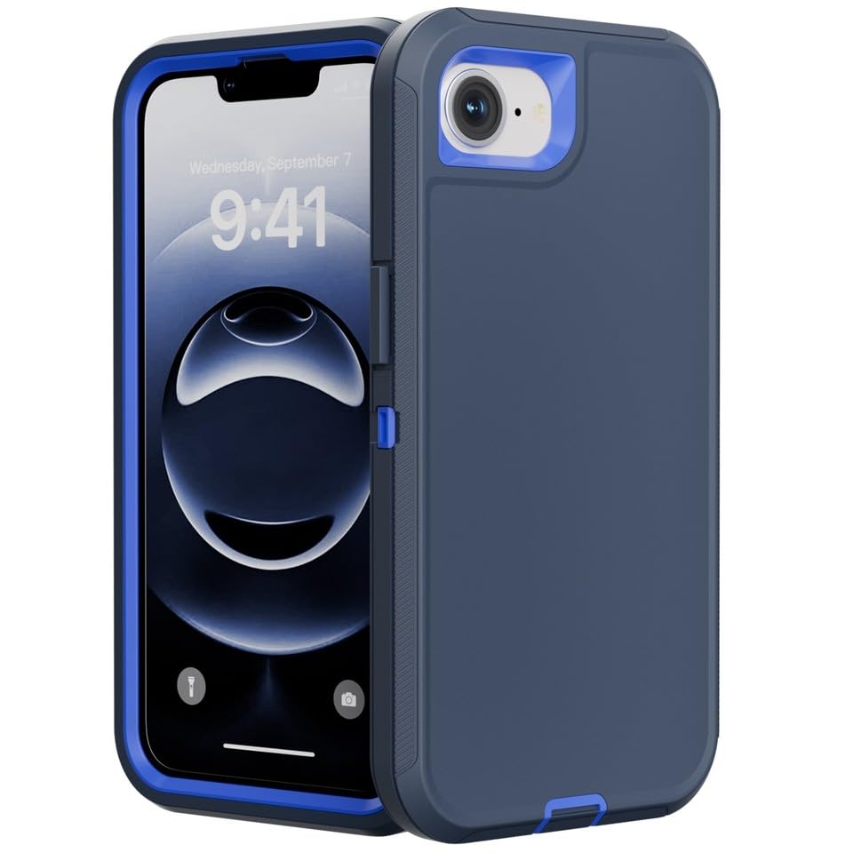 Coque iPhone 16 bleu double couche avec support ceinture rigide