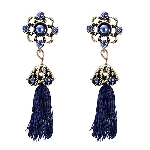 FushoP Retro Bohemio cuelgan los Pendientes de la Borla con la Perla Cubic Zirconia (Azul) Cover