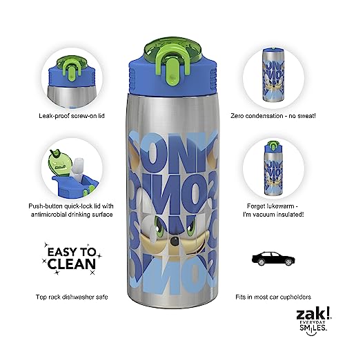 Image of Zak Designs Sonic the Hedgehog Water Bottle for Travel and At Home, 19 oz Vacuum Insulated Stainless Steel with Locking Spout Cover, Built-In Carrying Loop, Leak-Proof Design (Sonic)