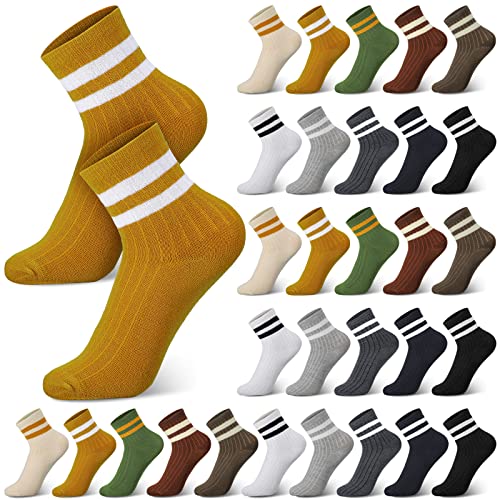 Janmercy 30 Pairs Retro Crew Socks for Women Vintage Striped Crew Fashion Colorful Athletic Socks for Women Men Sport Ten Colors