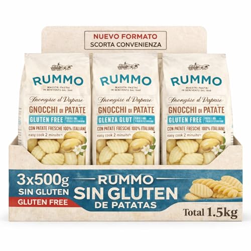 Gnocchi Rummo SIN Gluten de Patatas 65%, ñoquis sin gluten de patatas 100% Italiana, Pasta Italiana, Tiempo de cocción 2 minutos, 3 Paquetes de 500 gr