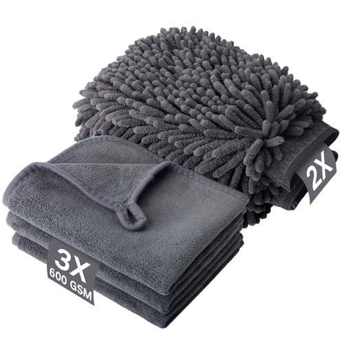 Autopflege Set 5 Stück,mit 3 Auto Trockentuch & 2 Waschhandschuh Auto,Super Saugfähig 600GSM Mikrofasertücher,Weich Poliertücher Trokentuch,100% Kratzfrei,Reinigungsset für Kfz & Haushalt,40x30cm