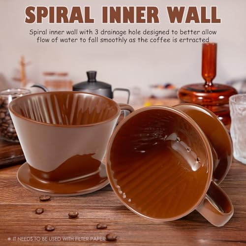 Image of Pour Over Coffee Dripper, Ceramic Pour Over Coffee Maker, Brown | 3 Holes Flat Bottom, Easy Manual Brew Maker, Porcelain Slow Filter Cone for Travel, Camping, Office, Home