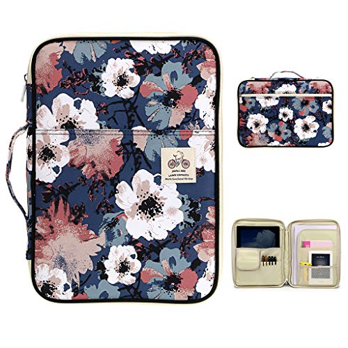 BTSKY New Multi-Functional A4 Document Bags Portfolio Organizer-Waterproof Travel Pouch Zippered Case for Ipads, Notebooks, Pens, Documents Red Flower