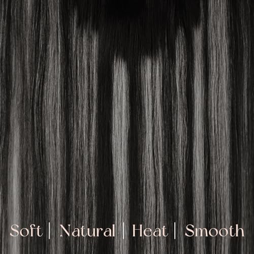 Image of Easyouth Clip in Hair Extensions Real Human Hair Ombre Hair Extensions Clip ins Real Human Hair Blend of Black and Silver with Black Roots Clips on Extension Human Hair 18Inch 120G 7Pcs