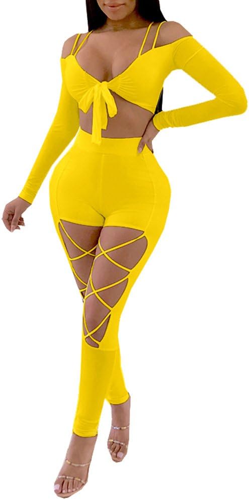 Women's Sexy Clubwear Off Shoulder T-Shirt Crop Top + Criss Cross Pants Jumpsuits 2 Pieces Outfits Rompers Yellow