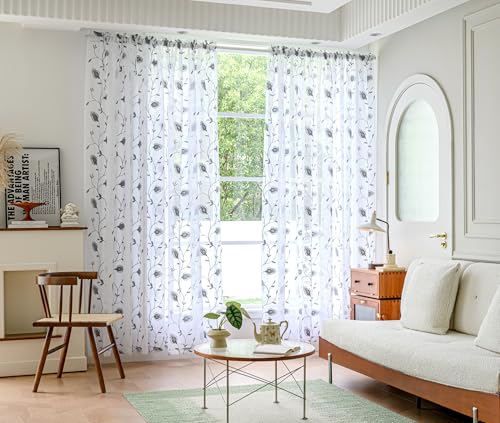 Image of White-Grey Sheer Curtains 84 Inches Long, Floral Embroidered Rod Pocket Sheer Drapes for Living room, Bedroom, 2 Panels, 52 inchx 84 inch, Semi Crinkle Voile Window Treatments for Yard, Patio, Villa, Parlor