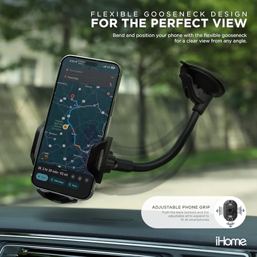 Image of iHome Car Mount, Dashboard /Windshield /Vent Mount, Swivel Neck, Silicone Grip, Adjustable Mount Arm with Suction Cup Base (Gooseneck Car Mount)