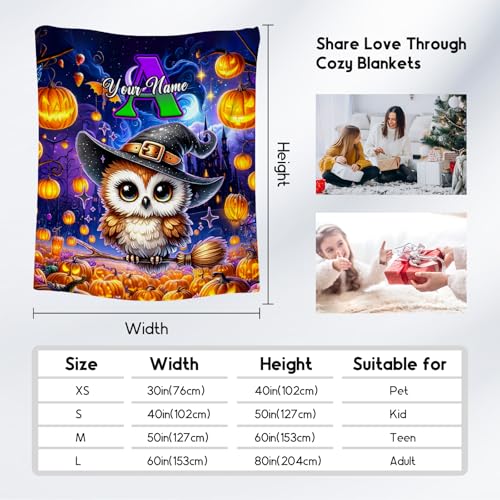 Halloween Blanket, Personalized Kids Blanket with Name, Cute Owl Throw, Custom Gifts for Girls, Soft Fleece Throw for Halloween Decoration (4 Sizes Choose)