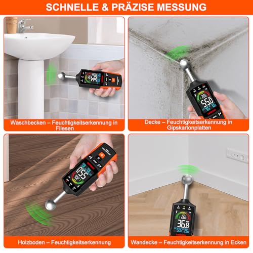 LASELION Wand Feuchtigkeitsmessgerät MS04 mit Kugelsensor für Zerstörungsfreie Bereichsscans, Ideal für Holz, Wände und Baustellenmaterialien, Anpassbare Feuchtigkeitsalarme und Temperaturanzeige