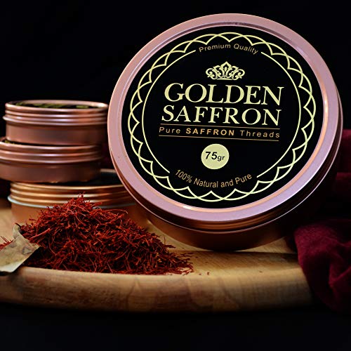 Golden Saffron, Finest Pure Premium All Red Saffron Threads, Grade A+ Super Negin, Non-GMO Verified. For Tea, Paella, Rice, Desserts, Golden Milk and Risotto (75.0 Grams)