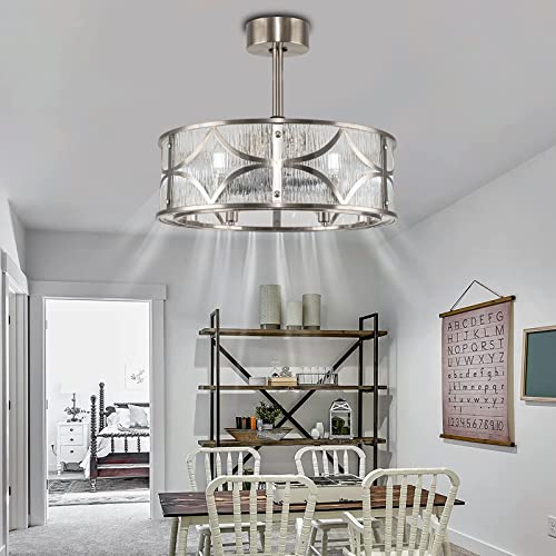 Morpholife 20" Caged Ceiling Fan With Lights Remote Control, Enclosed Bladeless Chandelier Fan, Small Modern Low Profile Ceiling Fan With 5 Abs Blades For Bedroom, Living Room, Brushed Nickel #TOP1