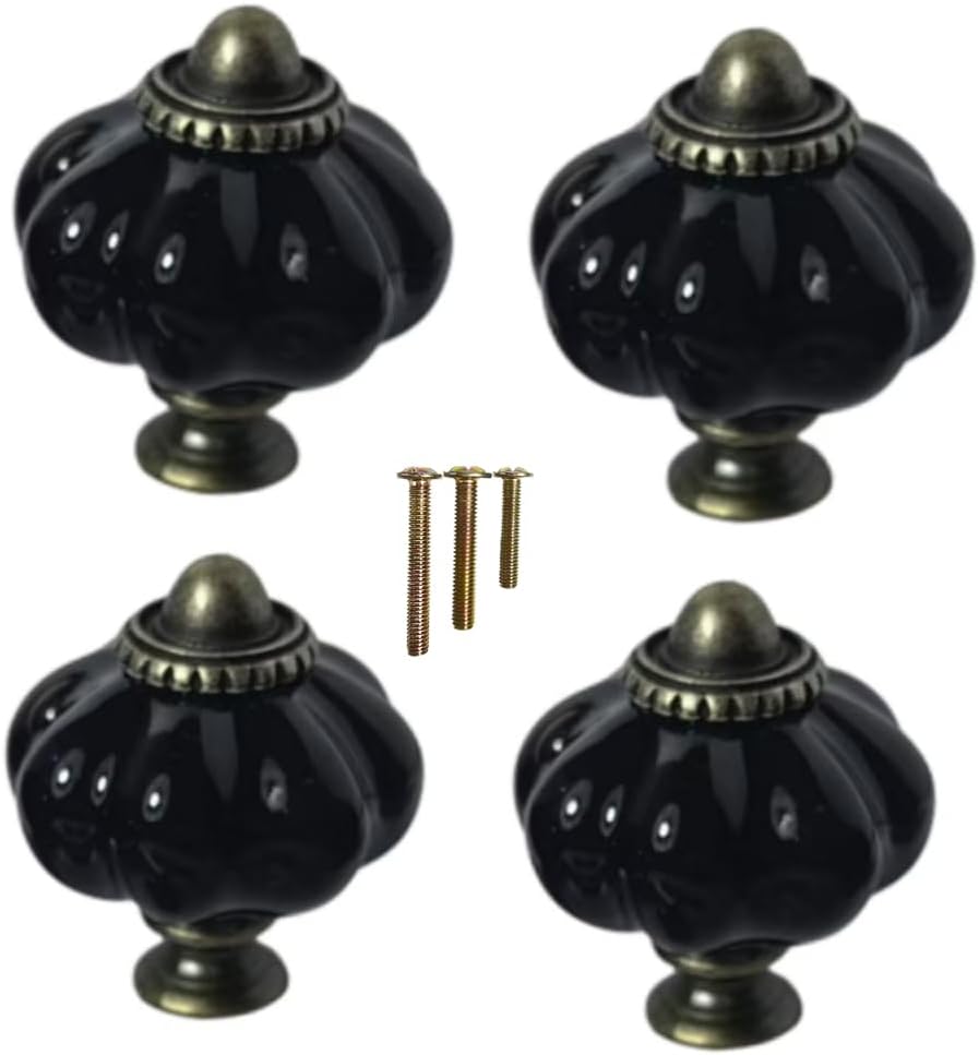4 pcs Black Pumpkin Knobs, Vintage Ceramic Cabinet Knobs, Dresser, Drawer,Door Knobs Drawer Pulls Dresser Handles with Mounting Screws