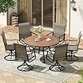 VICLLAX Patio 7 Pieces Outdoor Dining Set,Wrought Iron Metal Outdoor Table and Chairs Set,47.2" Round Table with Umbrella Hole and 6 Swivel Textilene Chairs for Lawn,Garden,Porch,Walnut/Brown