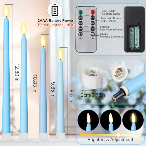 Image of Rossesay 16 Pcs Ocean Blue Flameless Taper Candles Battery Operated Candles with Remote Timer 8.5 inch 9.6 inch 10.8 inch 12.8 inch Multiple Sizes LED Flickering Candlestick for Wedding Party Centerpieces Decor