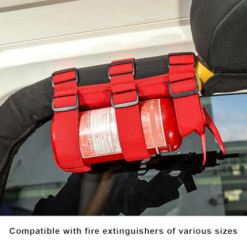 Image of Ohleats Roll Bar Fire Extinguisher Holder, Adjustable Fire Extinguisher Mount Strap with American Flag Pattern, Car Accessories Fixed Belt for Wrangler JK JKU TJ CJ (No Pattern, Red, 1 PCS)