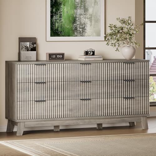 Image of BORNOON 63 inch Long Dresser for Bedroom, 9-Drawer Fluted Dresser, Extra-Wide Wood Chest of Drawers with Smooth Metal Slides, Stable Base, Modern Clothes Storage Cabinet for Living Room, Hallway, Nursery