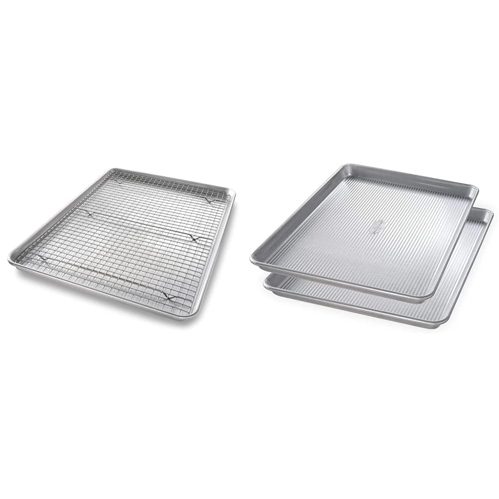 USA Pan 1607CR Bakeware Extra Large Sheet Baking Pan and Bakeable Nonstick Cooling Rack Set, XL, Metal & Bakeware Half Sheet Pan, Set of 2, Aluminized Steel