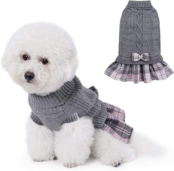 KUTKUT Small Dog Cat Girl Sweater Dress with Plaid Bowtie, Pleated Skirt Turtleneck Sweater with Leash Hole Small Dog Pullover Knitwear Puppy Sweater Winter Dog Clothes (Size: S, Chest: 36cm - 40cm) (B0CQKBSZZS) Amazon Price History, Amazon Price Tracker