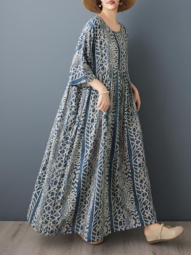 Image of Women Plus Size Dresses Summer Vintage Print O Neck Oversized Boho Vacation Casual Robe with Side Pockets