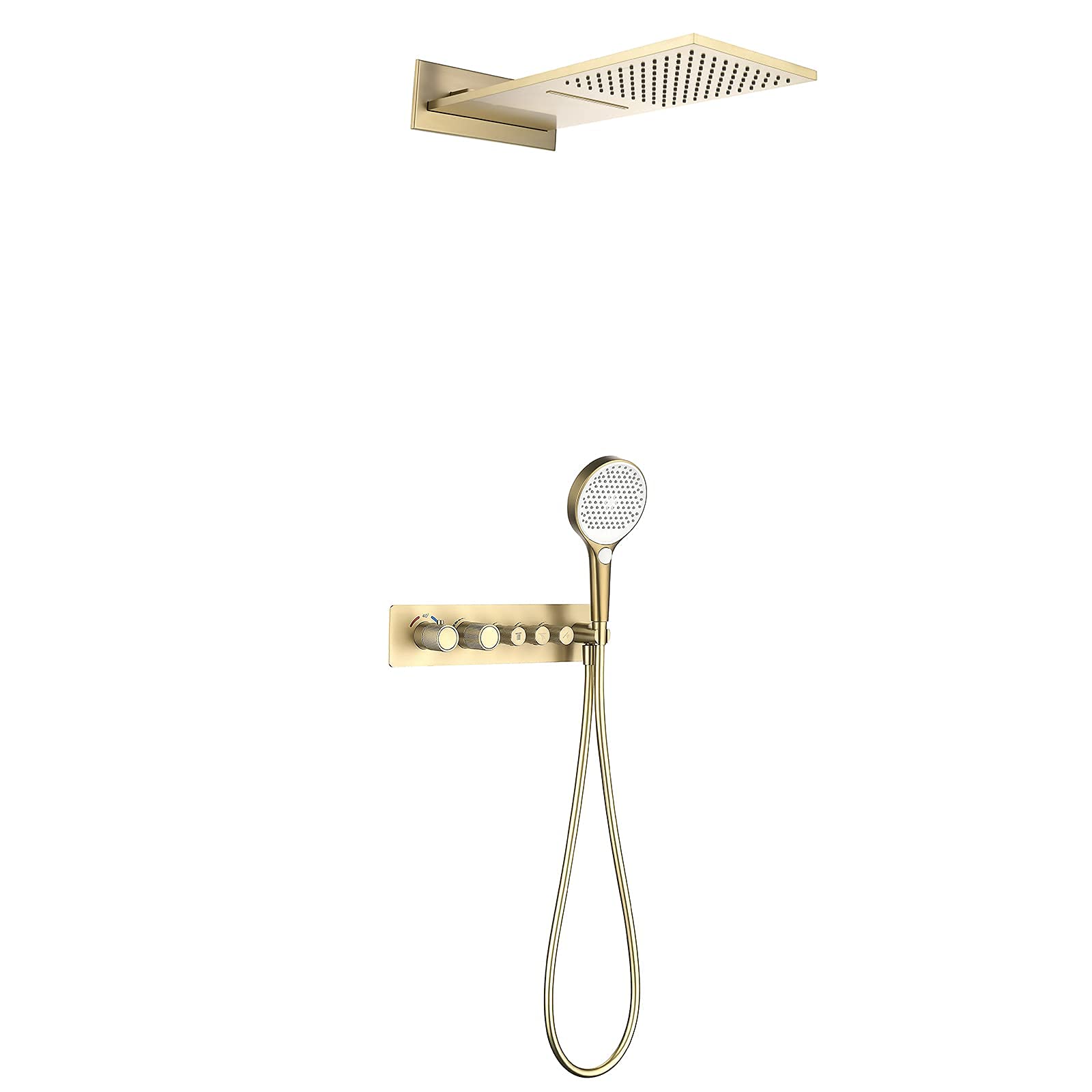 AYCDL Thermostatic Brushed Gold Shower Combo Set Wall Mounted Bathroom Shower Faucet Set with Waterfall Shower Head, Abs Handheld Shower, Embedded Box