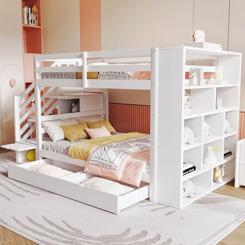 NNJN 90 * 200cm Etagenbett, Sicherheitstreppe mit Staufächern, Stauraumschubladen und großen Schließfächern, hohe Zaunkonstruktion, Lattenrost, Kiefernbett, Kinderbett, Jugendbett (Weiß)