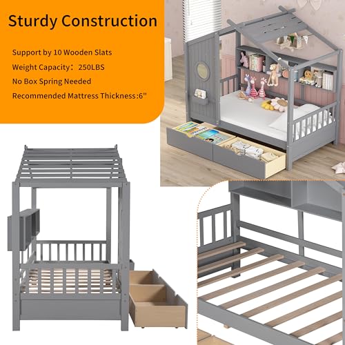 Linique Wooden Twin Size House Bed with 2 Drawers and Storage Shelf,Twin Platform Bed Frame with Pitched Roof,Gray