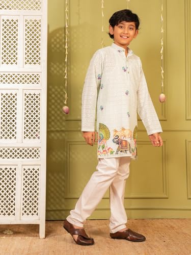 Image of AJ DEZINES Kurta Pajama For Kids Boys | Cotton Printed Chikankari Kurta Pyjama Set For Boys | Traditional & Festive Outfit | Party & Ethnic Wear | Stylish Kids Kurta Set