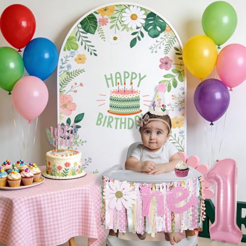 Image of Wild One Flower Highchair Banner for First Birthday Party Decorations | Pink Floral High Chair Tassel Banner for Girls Baby Shower Wildflower Fabric Banner One Birthday Backdrop Decorations