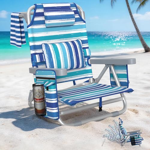 5-Position Backpack Beach Chair for Adults with Lumbar, Foldable Tall Heavy-Duty Beach Chairs with Cooler Bag,Cup Holder,Towel Rack for Beach, Camping, Outdoor