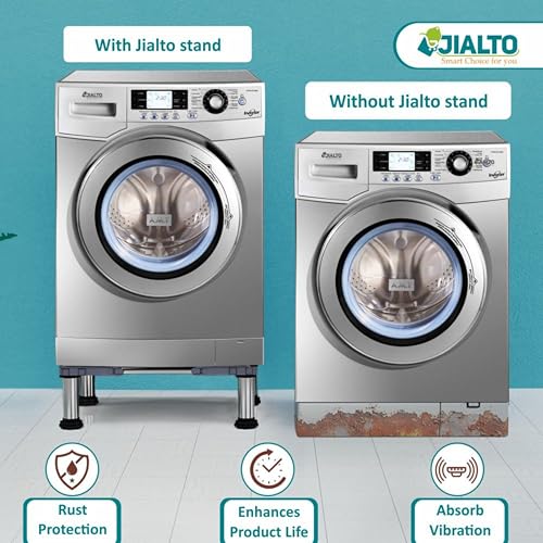 Image of JIALTO Universal Washing Machine Stand 5-12Kg| Washing Machine Trolley | Refrigerator Stand for Fridge | Spirit Level | Anti-Vibration Legs | Rubber Pads Load Capacity 350Kg (Double SS Pipe /Grey)