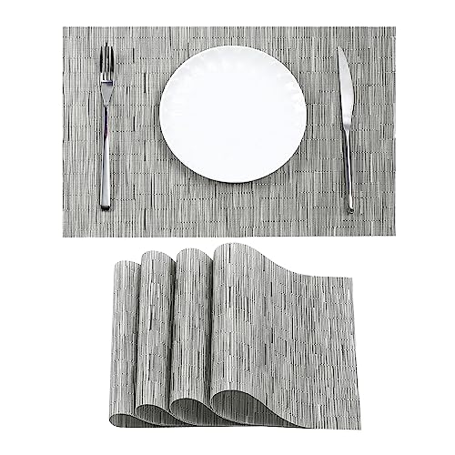Leetaltree Silver Placemats Set of 4 - Heat Resistant Non-Slip Place mats for Dining Table, Washable Durable PVC Vinyl Woven Table Mats（Silver, 4）
