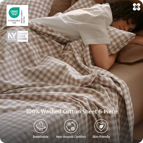 Image of Bedsure PureWoven Gingham Sheets 100% Washed Cotton Queen, Brown, 6PCS | Linen-Like Percale Sheets, Breathable & Relaxed, 18 inch Deep Pocket, Rustic Minimalist Farmhouse Checkered Yarn-Dyed Plaid