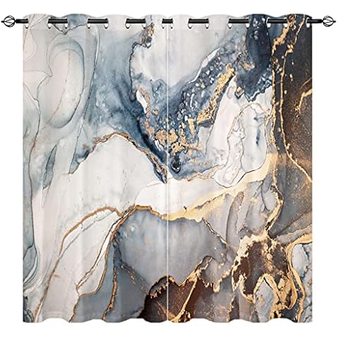 YUANZU Dark Blue Gold Veins Blackout Curtains Cover