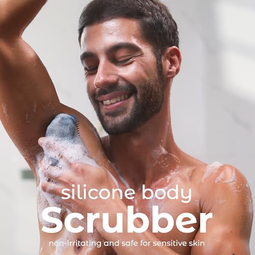 Image of MainBasics Exfoliating Silicone Body Scrubber Pro 2-in-1 Shower Scrubber for Body, Silicone Loofah and Body Exfoliator (Dark Blue, Body + Exfoliate)