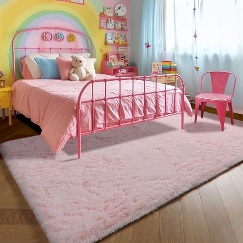 Pink Area Rugs for Bedroom Living Room, 5x8 Aesthetic Room Decor for Teen Girls, Soft Fluffy Cute Rug for Kids Room, Classroom, Fuzzy Shag Kawaii Carpet for Playroom, Baby Nursery, Plush Throw Rug