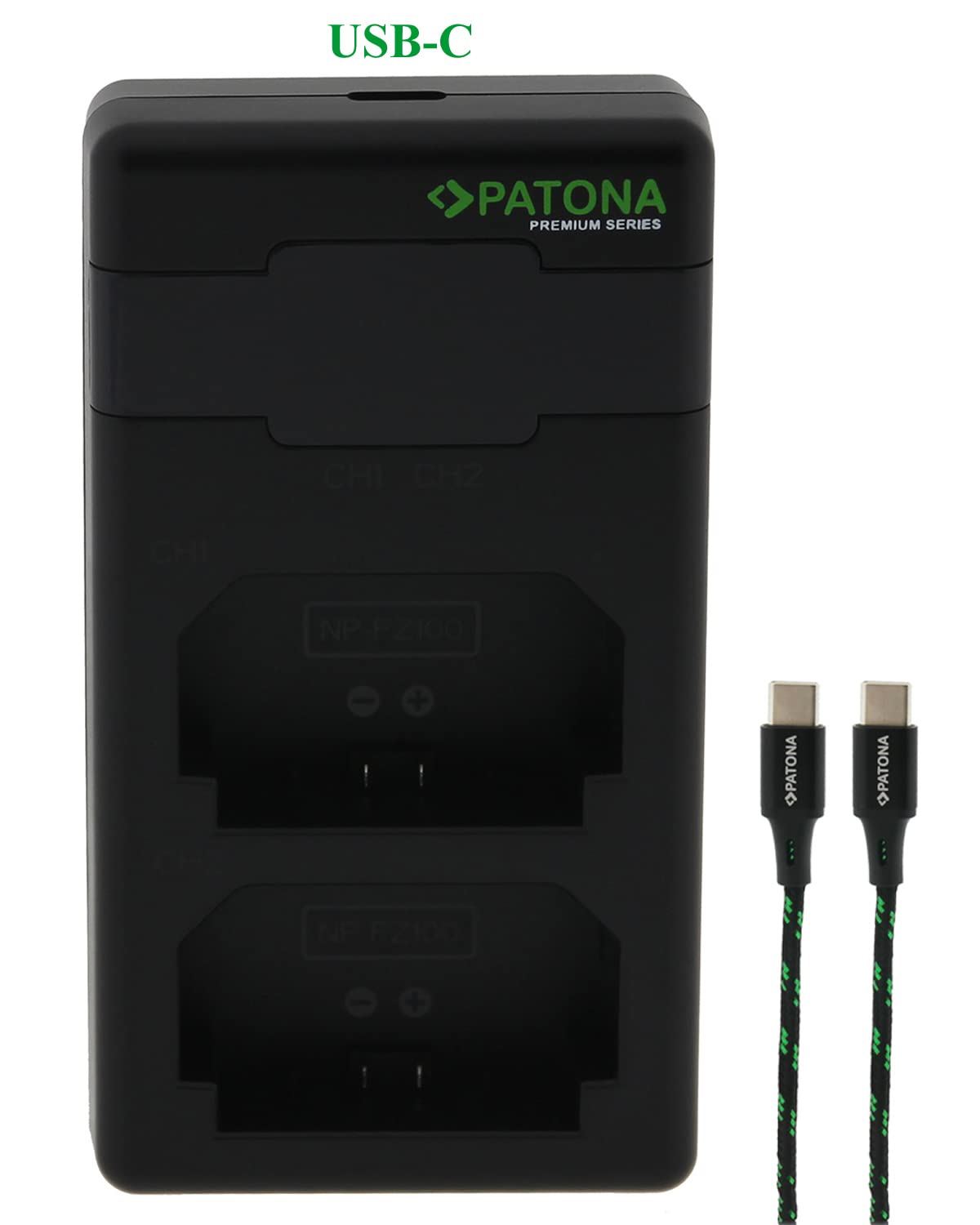 PATONA Premium Caricabatterie doppio PD per Sony NP-FZ100 – Dual LCD, USB-C PD/QC 1500mA, alimentatore 20W incluso – per Alpha A1, A7 III, A7 IV, A7R III-V, A7S III, A9 II, A6600, A6700, FX3, FX30