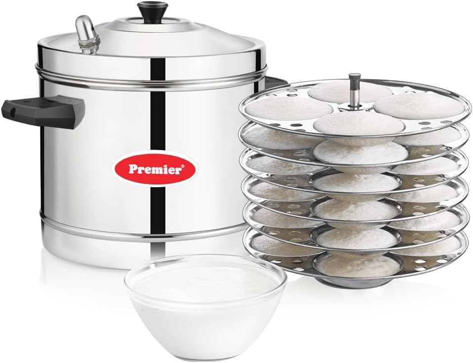 Premier Stainless Steel 6 Plate (24pc) Idli Maker, Silver