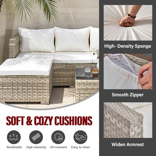 Aweather 3 Pcs Rattan Garden Furniture Set - 4 Seater Outdoor Corner Sofa, All-Weather Handwoven PE, Small Patio Conversation Set with Washable Cushions & Coffee Table, Outdoor Patio Furniture - Image 3