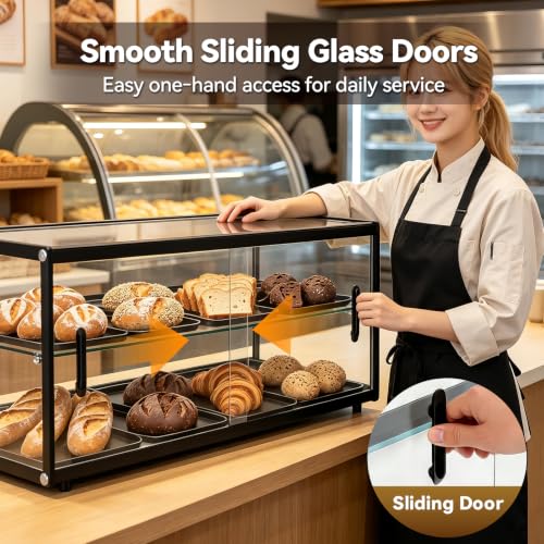 Image of Malphi 30in. Tiered Pastry Bakery Display Case with Glass Shelf and Sliding Door,3cu. ft. Capacity|Large Bread Cookie Display Box | 29.3 inch x 15.3 inch x 15.4 inch