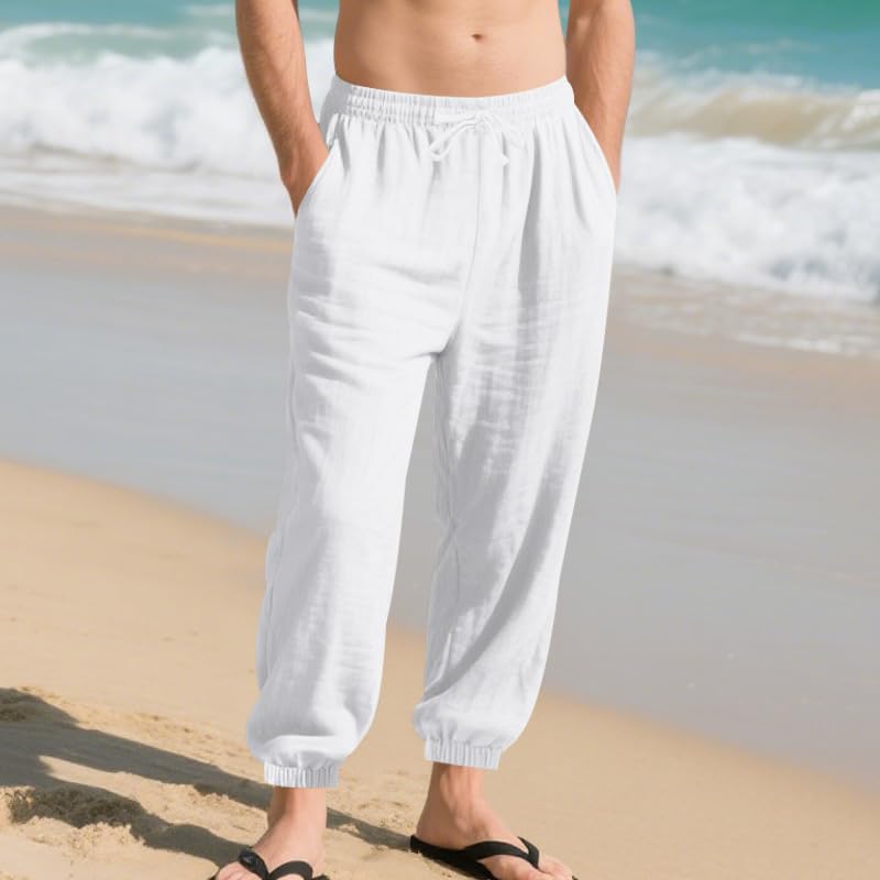 Men's Linen Pants Casual Loose Fit Elastic Waist Harem Pant Lightweight Summer Beach Travel Trousers2