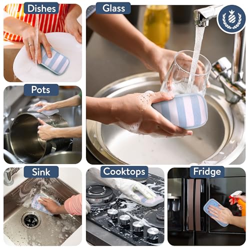 Image of Simplified 5-Pack Scrub & Wipe 2-in-1 Dishwashing Sponges - Non-Abrasive Cleaning Sponges, Double-Sided - Safe for Dishes, Non-Stick Pans or Glassware, Absorbent Dish Sponges, Blue Stripe