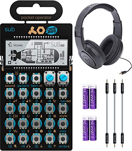 teenage engineering Pocket Operator PO-14 Sub Bass Synthesizer and Sequencer Bundle with Samson SR350 Over-Ear Stereo Headphones, Blucoil 3-Pack of 7" Audio AUX Cables, and 4 AAA Batteries