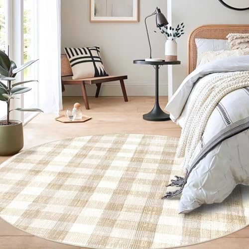 Image of Checkered Area Rug, 6 Ft, Round, Beige | Washable, Non Slip, Modern Neutral, For Living Room Bedroom Office Patio Dining Room